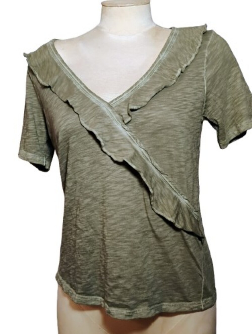 Veronica Beard Bea Ruffle Tee S Gray Pima Cotton V Neck Draped Designer Top
